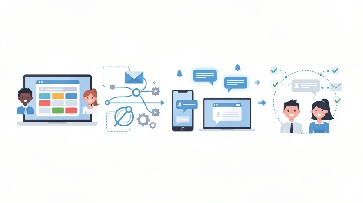 A step-by-step visual process guide demonstrating how automated follow-up messages for online tutoring appointments works