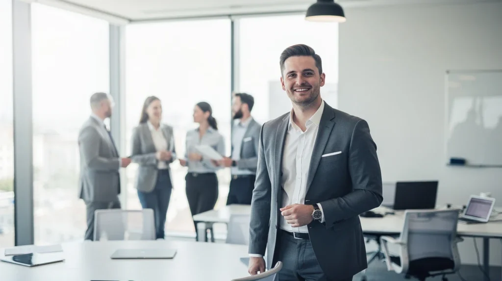 A professional team working on personalized booking funnels for coaching businesses solutions in a modern office environment