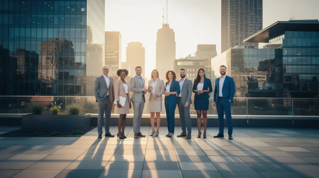 A professional team working on seasonal booking trends for small businesses 2026 solutions in a modern office environment