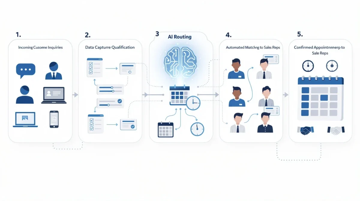 A step-by-step visual process guide demonstrating how intelligent appointment routing for sales teams works