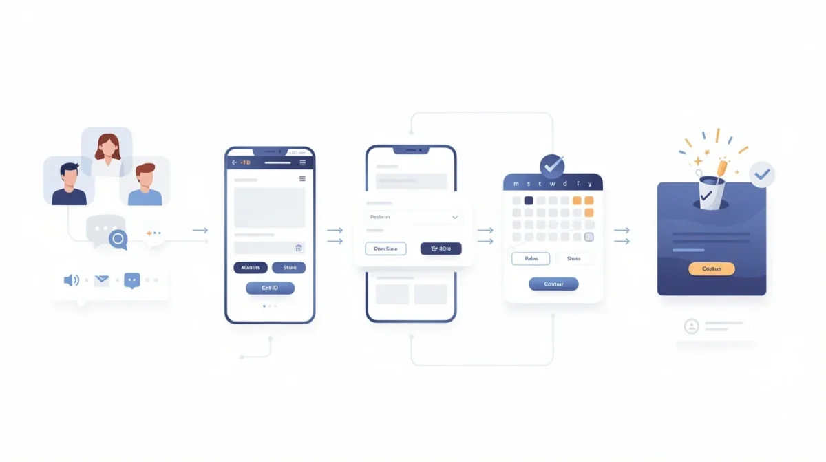 A step-by-step visual process guide demonstrating how personalized booking funnels for coaching businesses works