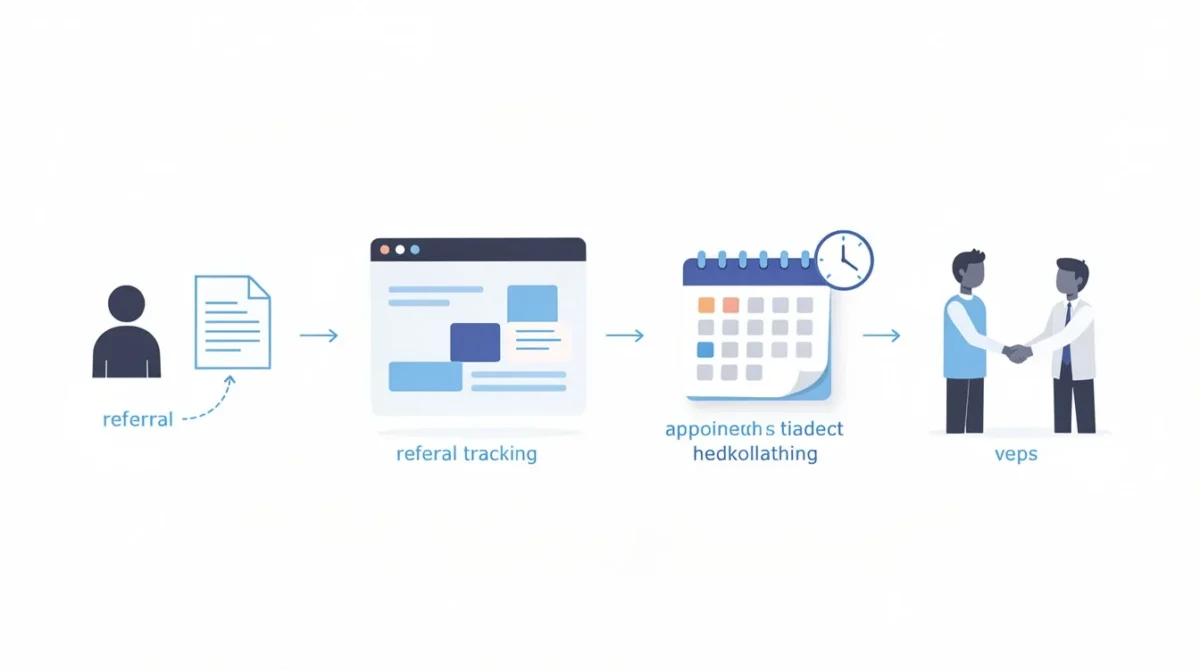 A step-by-step visual process guide demonstrating how referral tracking with appointment scheduling works