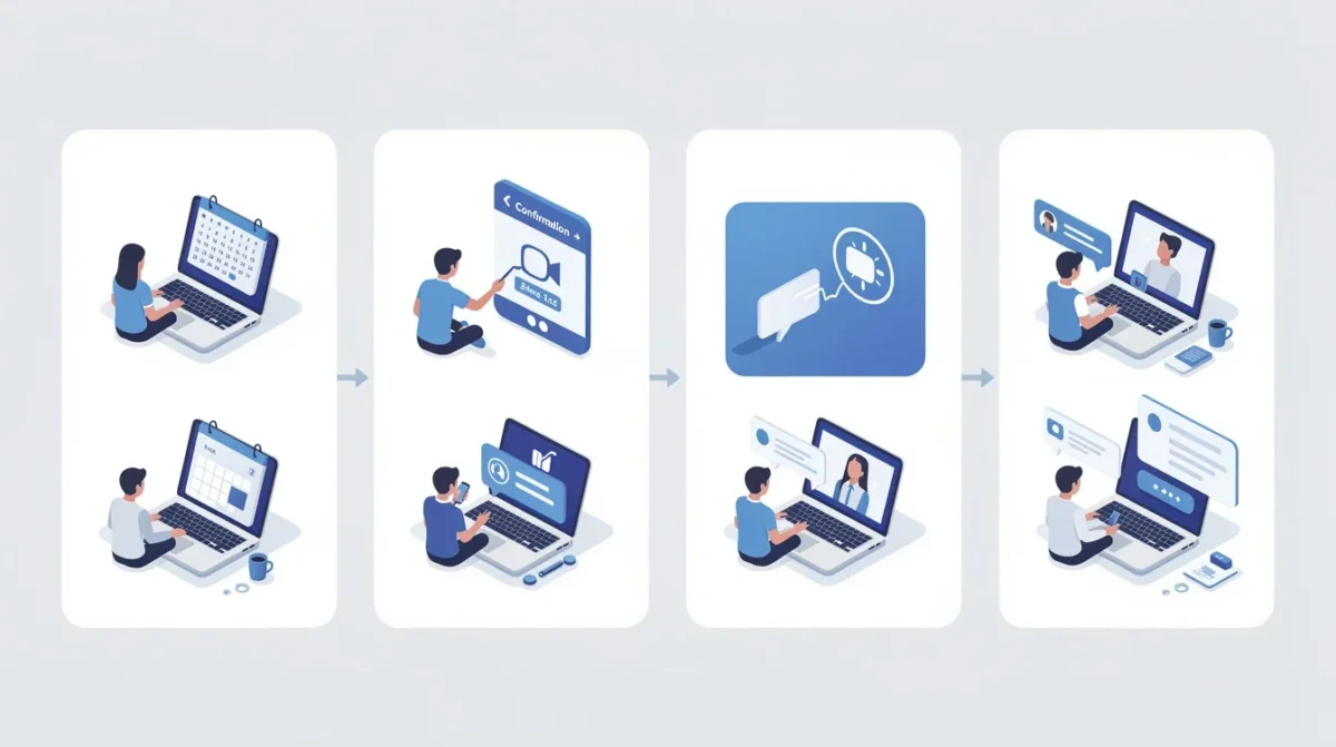 A step-by-step visual process guide demonstrating how video call appointment booking with automated follow ups works