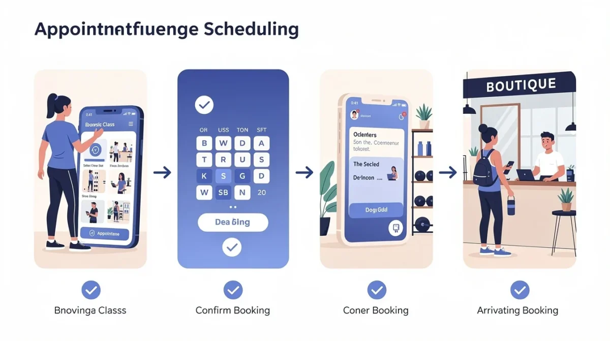 A step-by-step visual process guide demonstrating how appointment scheduling for boutique fitness studios works