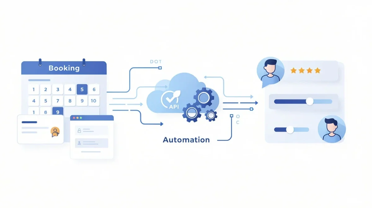 A step-by-step visual process guide demonstrating how booking software integration with customer feedback works