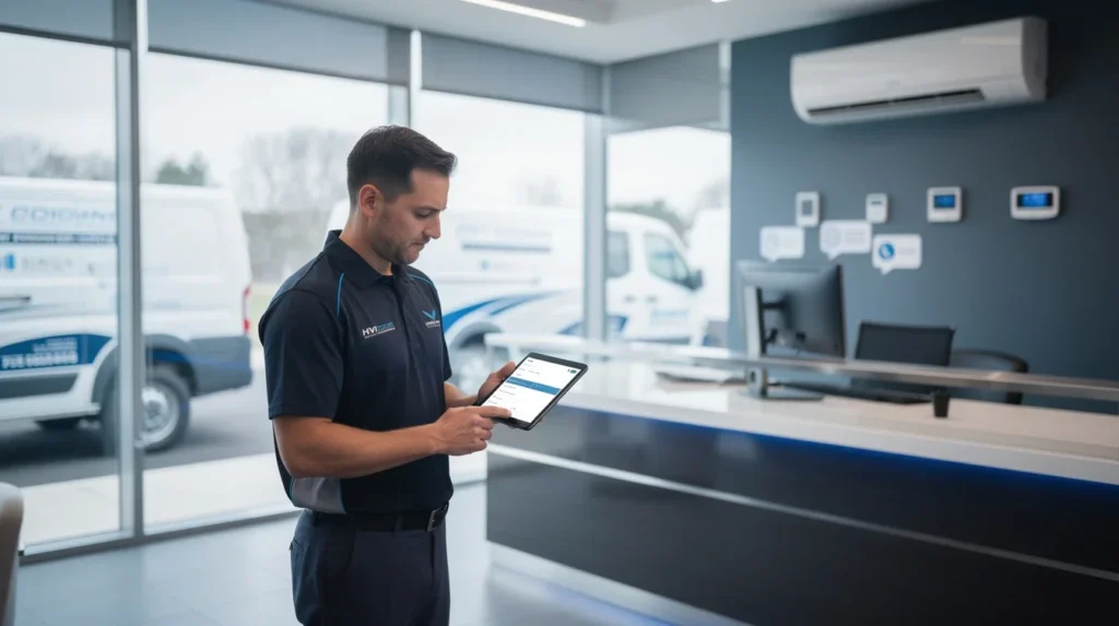 A professional team working on automated appointment confirmations for hvac businesses solutions in a modern office environment